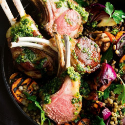 Lamb rack with grilled sweet potato salad and olive chimichurri