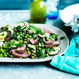 Lamb salad with peas, zucchini and olives