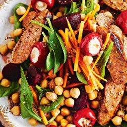 Lamb sausage, chickpea and baby pepper salad