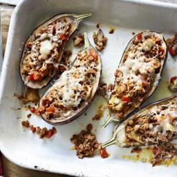 Lamb-stuffed aubergines with Moorish spices and Manchego cheese