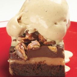 Layered Brownies with White-Chocolate Caramel and Cocoa Nib Gelato