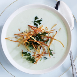 Leek Soup with Shoestring Potatoes and Fried Herbs