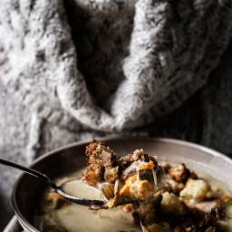 Leftover Turkey Broccoli Soup with Stuffing Croutons