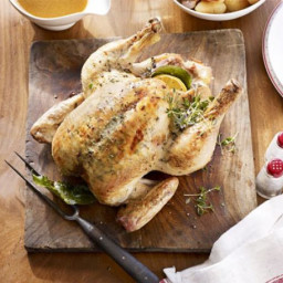 Lemon and thyme butter-basted roast chicken and gravy