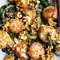 Lemon Butter Scallops with Greens & Walnuts