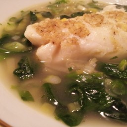 Lemon-Ginger Poached Cod with Leeks and Spinach