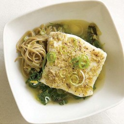 Lemon-Ginger Poached Halibut with Leeks and Spinach