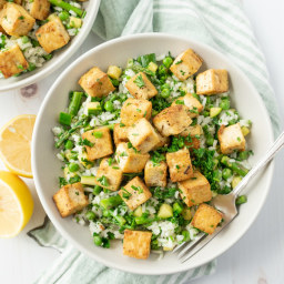 Lemon-Herb Tofu over Warm Vegetable Primavera Rice Salad