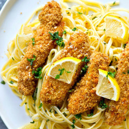 Lemon Parmesan Baked Chicken Strips with Herb-Buttered Noodles