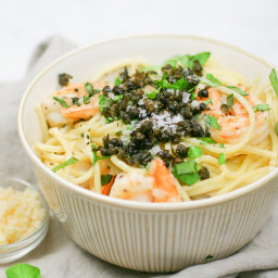 Lemon Parmesan Spaghetti with Fried Capers and Shrimp