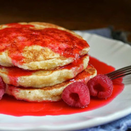 Lemon Soufflé Pancakes with Raspberry Syrup