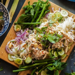 Lemongrass, ginger and kaffir lime poached chicken with rice noodles 