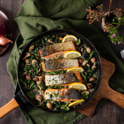 Lemony salmon with creamed spinach and mushrooms