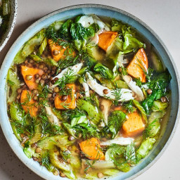 Lentil and Chicken Soup with Sweet Potatoes and Escarole