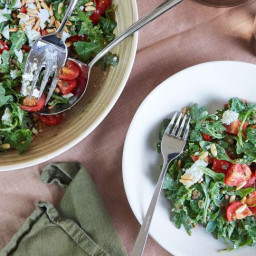 Lentil, rocket and pesto salad with feta cheese and cherry tomatoes
