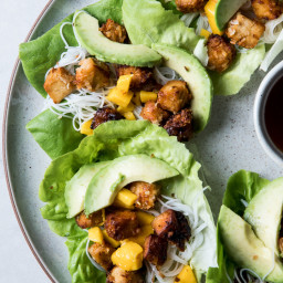 Lettuce Cups with Crispy Coconut Tofu, Rice Noodles, Mango, and Avocado