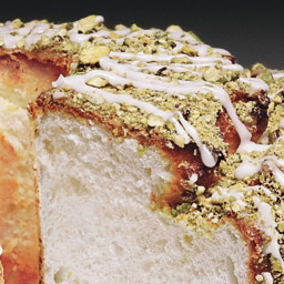 Lime Angel Food Cake with Lime Glaze and Pistachios