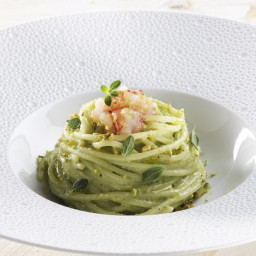 Lime marinated Red shrimp Gragnano Spaghetti with pistachio pesto