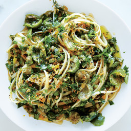 Linguine with Green Olive Sauce and Zesty Breadcrumbs