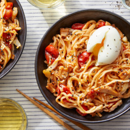 Lo Mein Noodle Stir-Fry with Miso-Roasted Tomatoes & Soft-Boiled Eggs