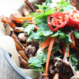 Loaded Asian Sweet Potato Fries with Pickled Carrots & Chili-Garlic Sauce