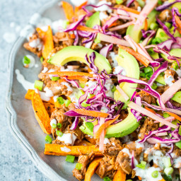 Loaded Sweet Potato Fries with BBQ Jackfruit & Red Cabbage & Apple Slaw