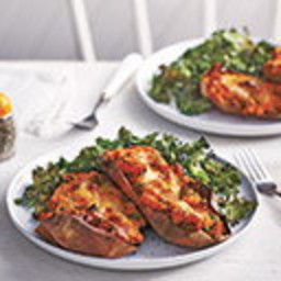 Loaded sweet potatoes with crispy kale and Cheddar