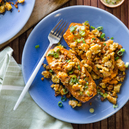 Loaded Sweet Potatoes with Five-Spice Tempeh & Charred Scallion Miso Butter