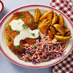 Louisiana-Style Tilapia with Potato Wedges, Red Cabbage Slaw & Spicy Remoul