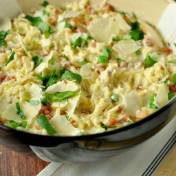 Low Carb Alfredo with Spaghetti Squash, Pancetta, and Peas
