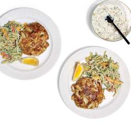 Lump crab cakes with mango-broccoli slaw and spicy tartar sauce