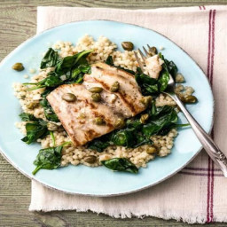 Mahi Mahi Piccata with Capers, Israeli Couscous Pilaf, and Sautéed Spinach