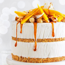 Mango, coconut and macadamia ice cream layer cake with chilled lime caramel