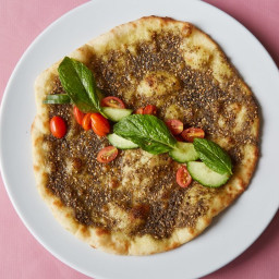 Man'oushe with Za'atar Oil, Tomatoes, and Cucumber