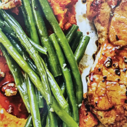 Maple-Glazed Pork Chops with a Sweet Potato Mash and Garlicky Green Beans