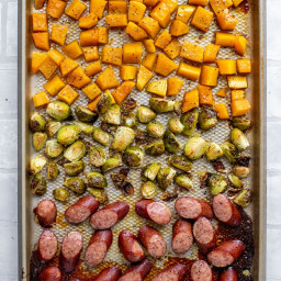 Maple Sheet Pan Smoked Sausage with Butternut and Brussels.