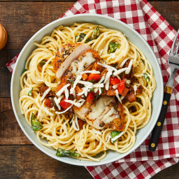 Margherita Chicken over Garlic Herb Spaghetti