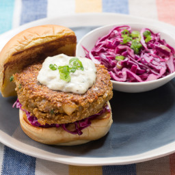 Maryland-Style Cod Cake Sandwicheswith Tartar Sauce and Red Cabbage Slaw
