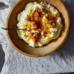 Mashed Potatoes with Caramelized Onions and Goat Cheese