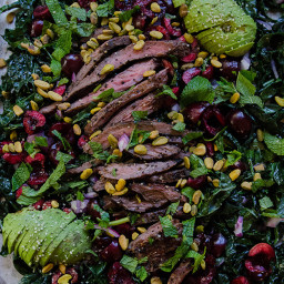 Massaged Kale Salad With Cherries, Pistachios & Grilled Flank Steak