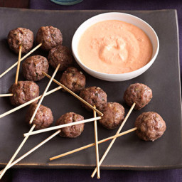 Meatball Pops with Roasted Red Pepper Feta Dip