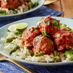 Meatballs and Tomato Saucewith Asparagus and Creamy Rice