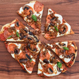 Meaty Grilled Pizza with Caramelized Onions and Mushrooms