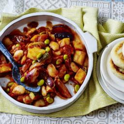 Mediterranean bean stew with potato griddle cakes
