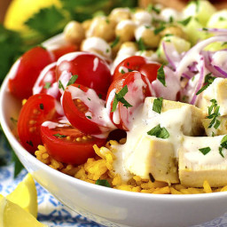 Mediterranean Chicken and Chickpea Bowls with Yellow Rice