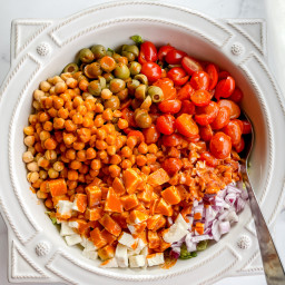 Mediterranean Chopped Salad with Roasted Red Pepper Dressing               