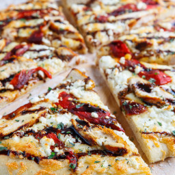 Mediterranean Grilled Chicken and Roasted Red Pepper Pizza with Feta and Ba