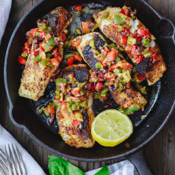 Mediterranean Pan Seared Sea Bass Recipe with Garlic Bell Pepper Medley