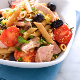 Mediterranean Penne with Tuna, Olives + Roasted Tomatoes