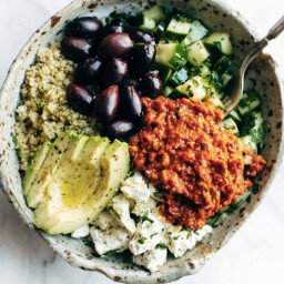 Mediterranean Quinoa Bowl with Roasted Red Pepper Sauce